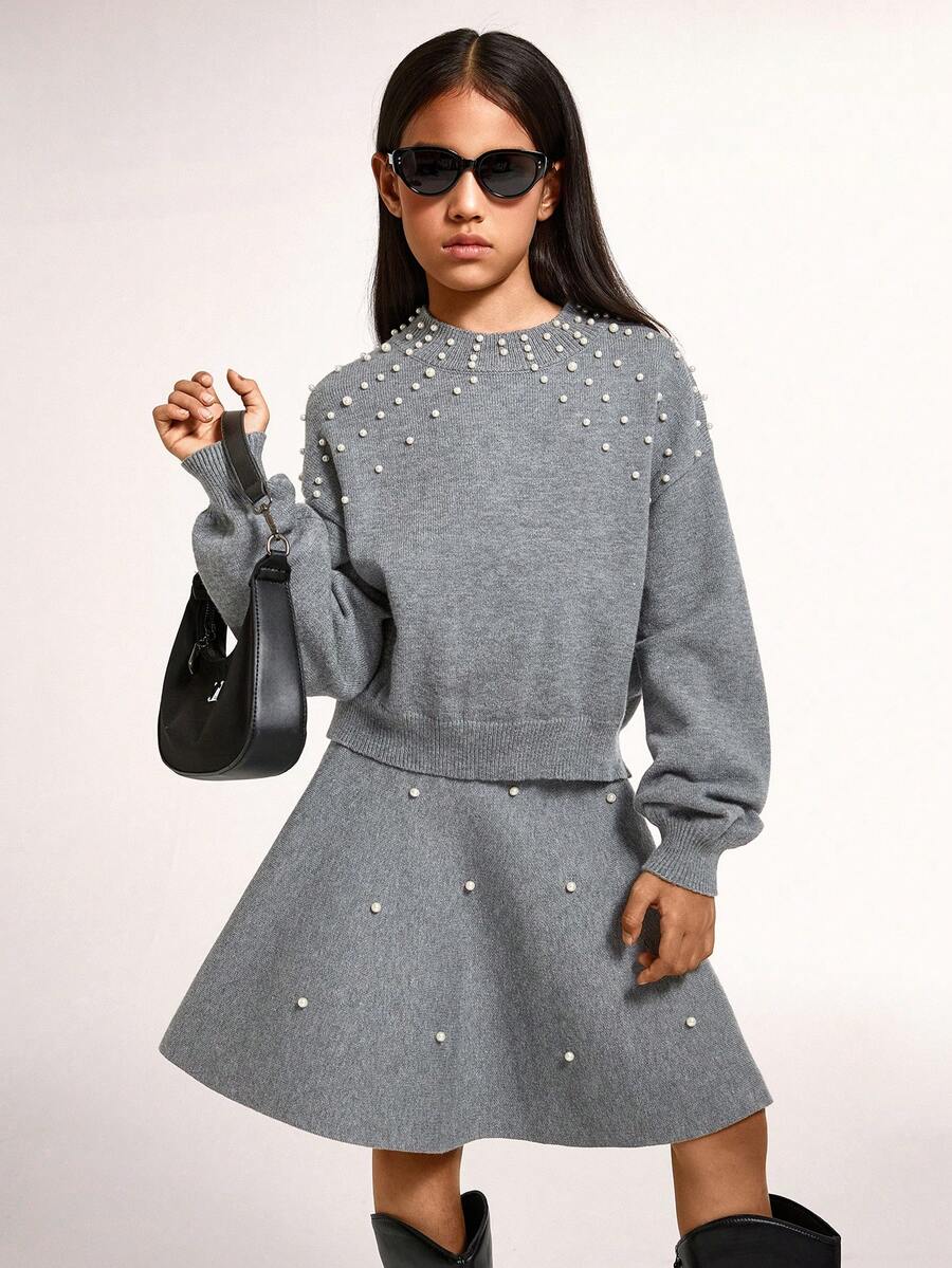 Radiana Tween Girl 休闲串珠宽松高领毛衣和优雅荷叶边下摆中裙套装，花卉灰色 - 深灰色 - 查看 1