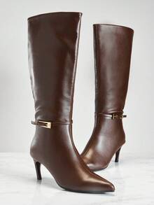 SHUZIA #Y2K Women's Perfectly Pointed Toe, Vintage-Inspired Seaming & Side Zipper Gold-Tone Buckle Detail Premium PU Brown Kitten Heel Tall Boots–Elegant, Chic & Easy To Wear - Brown - View 7
