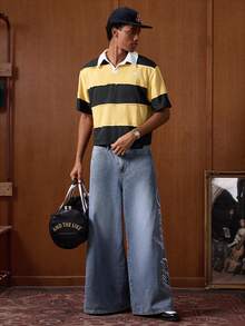 SWAVVY Men's Striped Short Sleeve Casual/Business Polo Shirt - Yellow - View 4