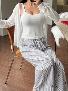 DAZY 3pcs/Set Casual Lightweight Solid Color Robe, Tank Top, And Loose Striped Bear Pattern Pants Sleepwear Pajama Set For Women, Winter Clothes - White - View 5