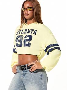 SUMWON WOMEN Cropped Varsity V Neck Sweatshirt With Long Sleeves And Atlanta Print - Yellow - View 4