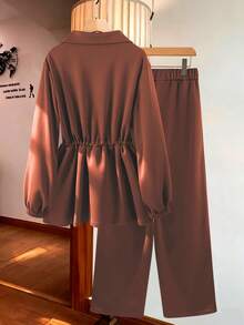 Qadelle Women's Basic High Collar Cinched Waist Zip-Up Casual 2 Pieces Set - Rust Brown - View 2