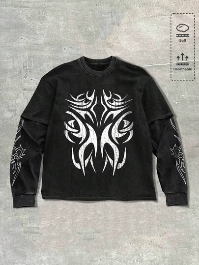 Goth Men's Casual Contrast Color Print Long Sleeve T-Shirt, Autumn