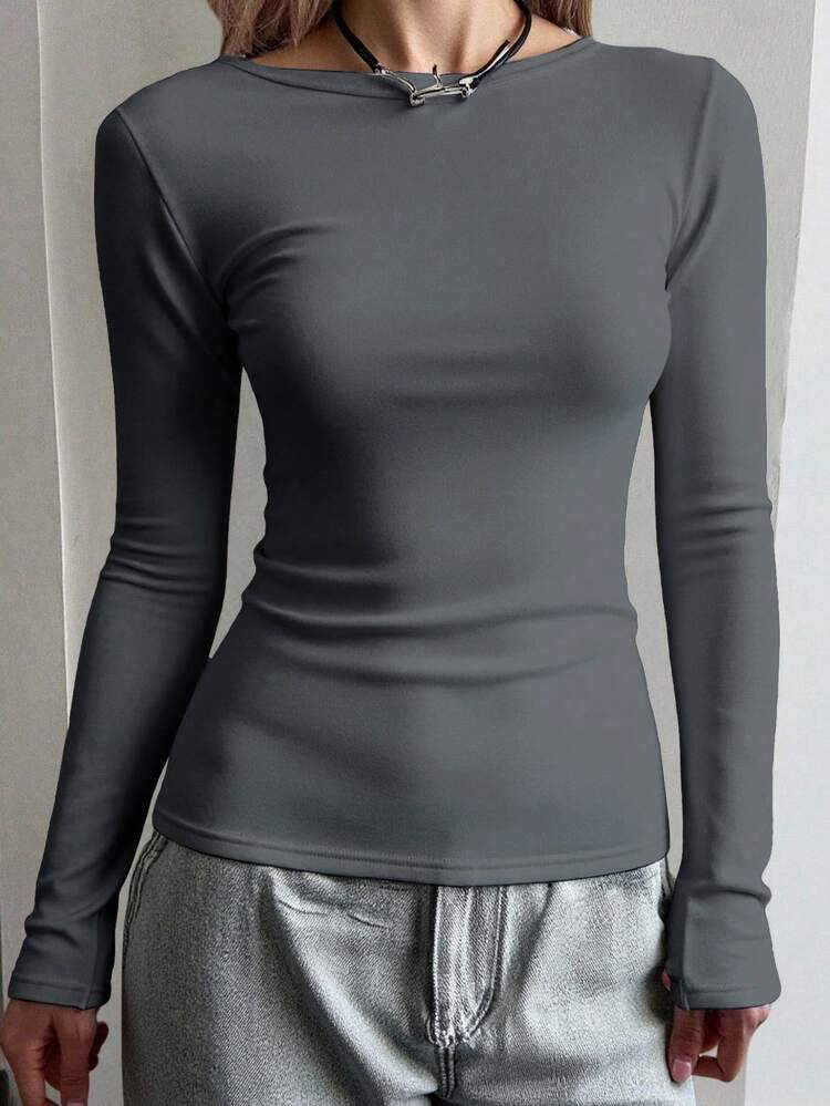 Women's Solid Color Thermal Lined Slim Fit Crew Neck Long Sleeve T-Shirt