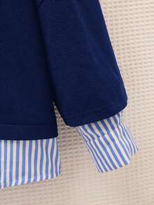 SHEIN EZwear 大码女式海军蓝休闲二合一卫衣，秋冬季，蓝色条纹图案卫衣 - 藍色 - 查看 4