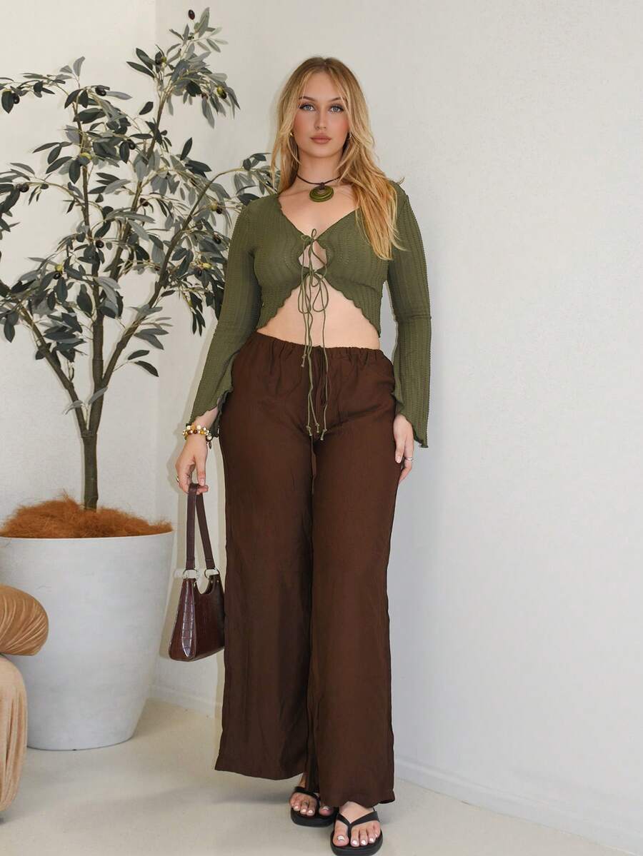 Arliah Atasan Wanita Lettuce Trim Rib-Knit Dasi Depan Plain Casual - Hijau Tentara - View 1