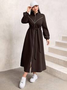 Graceveil Elegant Waist Cinched Long Sleeve Stand Collar Minimalist Design Slim Fit Casual Jacket, Autumn/Winter Dress With Zipper Open Abaya Modest Dress - Chocolate Brown - View 6