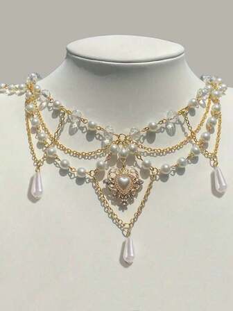 Goth 1 pezzo Collana con ciondolo a croce decorata con strass e perle finte in lega di zinco, elegante, adatta per la decorazione quotidiana delle donne