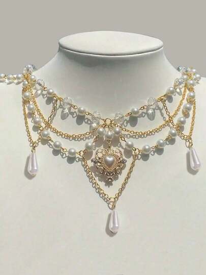 Goth 1pc Glamorous Zinc Alloy Rhinestone & Faux Pearl Decor Cross Charm Necklace For Women For Daily Decoration