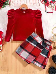 Leap Crew Conjunto de 2 peças/conjuntos para meninas, camiseta de veludo com gola falsa e manga curta, blusa e saia com detalhe de laço, estampa xadrez e bainha assimétrica, gola falsa, fofo, casual e vintage, elegante, ótimo para uso casual e diário e para a escola no outono e inverno, para o Natal - Vermelho - Ver 4