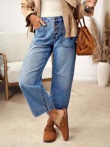 EMERY ROSE 女式蓝色休闲宽松牛仔裤（配腰带环） - 藍色 - 查看 4