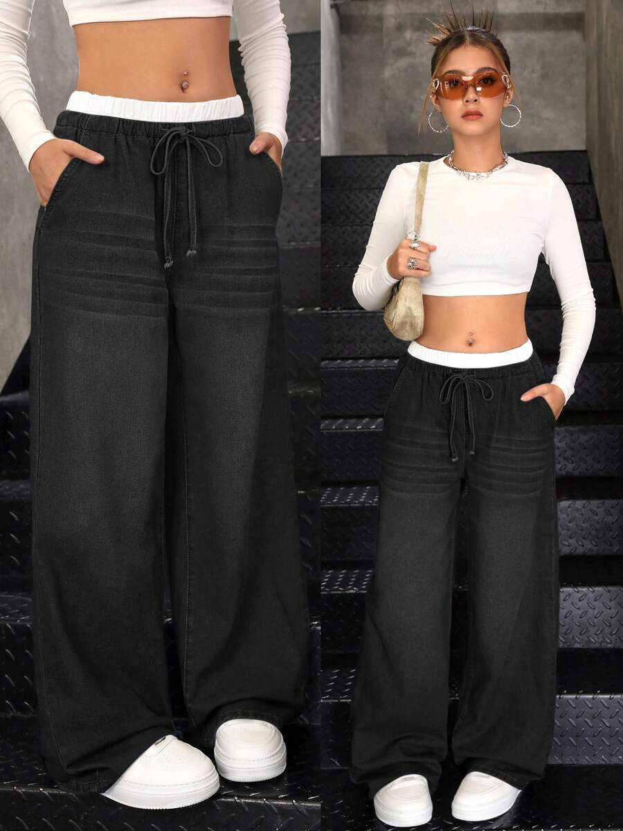 SHEIN Pantaloni largi, largi, cu dungi, în stil Y2K, casual, în stil casual, cu talie contrastantă și design 2 în 1, stil Y2K, toamna anului 2020 - Negru - Vizualizare 1
