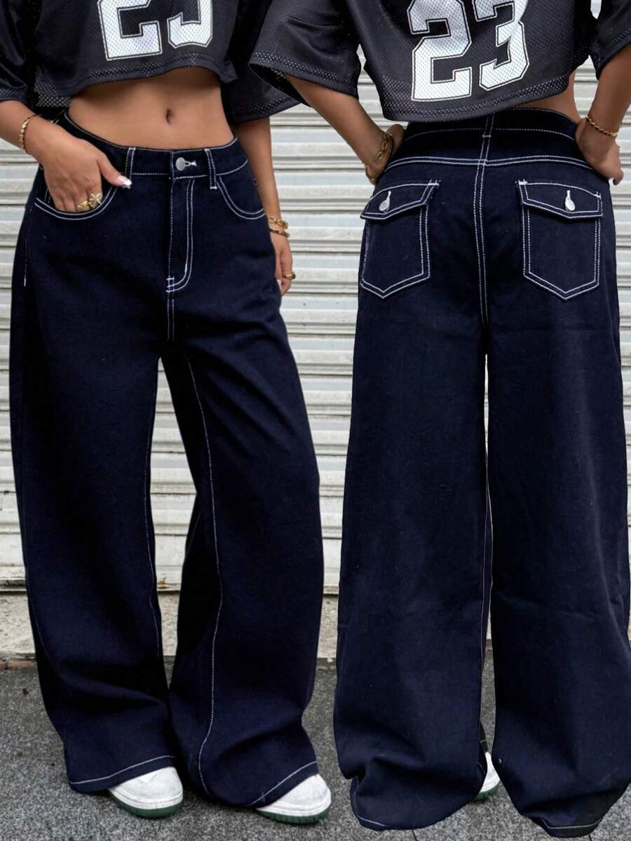 SHEIN 千禧年少女黑色宽松腰牛仔裤,春夏休闲度假乡村波西米亚风穿搭,海滩风、西部街头风、春假、锐舞音乐节牛仔裤 - 深色水洗藍 - 查看 1