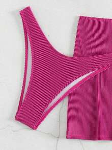 Costavie Bộ bikini dây cổ màu trơn đi biển mùa hè cho nữ kèm váy che, 3 chiếc - Màu Hồng Tươi - Xem 6