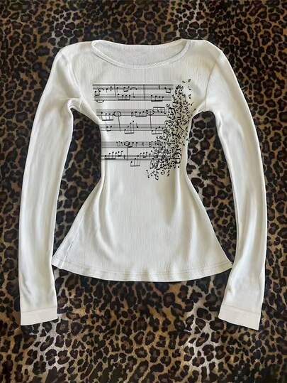 Noixe Women's Musical Note Print Round Neck Casual Ribbed Long Sleeve T-Shirt