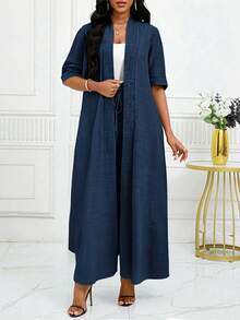 SHEIN Lady Women's Elegant, Casual, Commuting, Vacation, Simple, Solid Color Long Cardigan Jacket And Loose-Fitting Straight-Leg TrouTwo Piecespiece Set Four Seasons Modest Two Piece Set - Navy Blue - View 8
