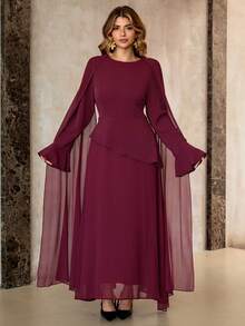 Roveilla Plus Size Women's Elegant Middle Eastern Style Vintage French Chic Dress, Featuring Layered Skirt, Adjustable Cinched Waist, Flared Sleeves, And Shoulder Capes, Suitable For Parties, Autumn/Winter Elegant Pleated Dress Flowy Maroon Dress Wine Dress Long Sleeve Elegant Dress Maroon Long Sleeve Elegant Dress Winery Dresses For Women Lantern Sleeve Dress Party Elegant Long Dress - Maroon - View 5