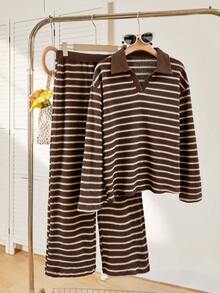 SHEIN Striped Polo Shirt & Pants Set FoTeen Girls, Suitable For Spring & Autumn - Coffee Brown - View 1
