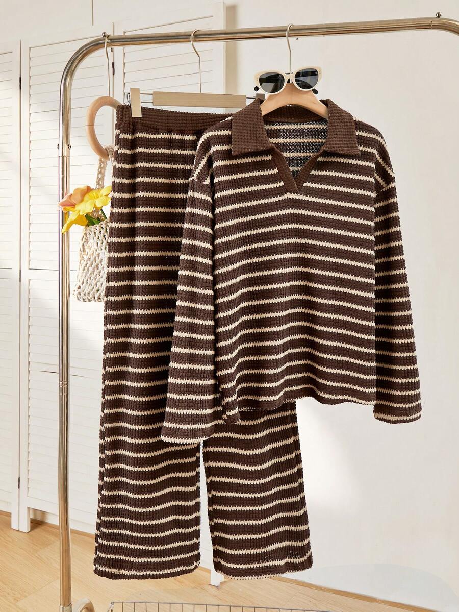 SHEIN Striped Polo Shirt & Pants Set FoTeen Girls, Suitable For Spring & Autumn - Coffee Brown - View 1