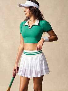 VARSIVA Sports Women Dress Women's Summer Contrast Binding Collar Short Sleeve Cropped T-Shirt And Pleated Mini Skirt Tennis Outfit Tennis Dress Tummy Control Tennis Skirt Set Golf Women Set Tennis Dress Set Golf Skirt Set, Suitable For Spring Summer Fall Winter And All Seasons, Casual Gym Yoga Outdoor Holiday Vacation Yoga - Multicolor - View 6