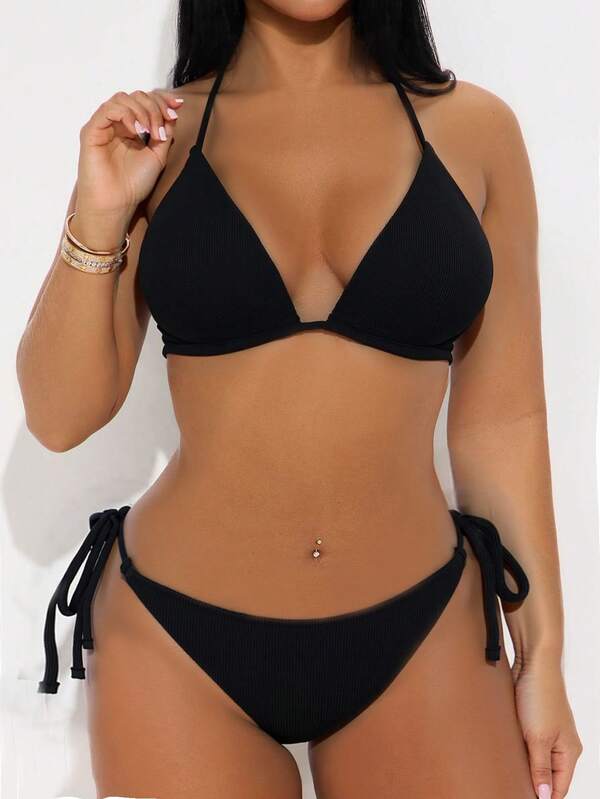 SHEIN Swim Women Fashion Summer Beach Solid Color Classic Bikini Set