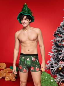 Notgurli Christmas Funny Print Cartoon Quirky Santa Claus, Gift Box, Candy Cane, Bell, Snowflake, Snowman, Family Party Men's Mid-Length Boxer Briefs - Green - View 4