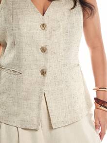 SHEIN Unity Plus Size Fall/Winter Casual Holiday Date Jacket,Plus Size Fall/Winter Casual Vacation V-Neck Metal Snap Front Casual Texture Fabric Women's Coat, Holiday Fall/Winter Vacation, School Uniform, Very Simple, Women's Country, Office Wear, Old Money Wear, Teacher Wear, Date Wear, Graduation Season, Plus Size Women's Jacket - Apricot - View 6