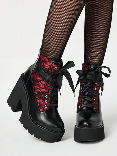 Grunge Punk Stivaletti alla caviglia con tacco largo in pizzo rosso vintage, stivaletti alla caviglia con piattaforma nera ricamata sexy, stile gotico/punk con fibbia