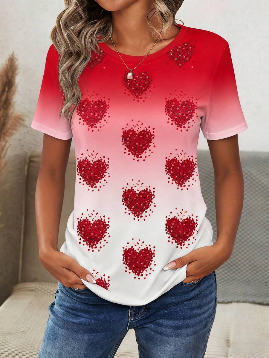 EMERY ROSE Camiseta de mujer de cuello redondo con estampado completo de degradado de corazón - Multicolor - Ver 1