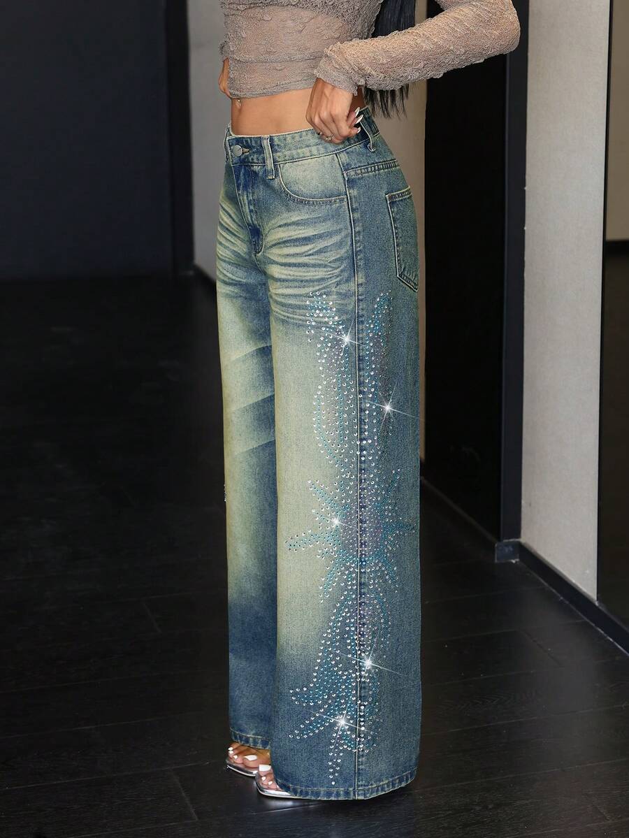 Jeanoix Women's Loose Fit Rhinestone Embellished Pocket Wide Leg Casual Jeans - Blue - View 1