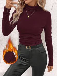 SHEIN Clasi Women's Stand Collar Gathered Waist Fleece Warm T-Shirt,Red Top,Christmas,Red Tops For Women - Burgundy - View 3