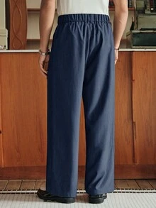 SWAVVY 男士条纹褶皱腰带环休闲直筒宽松西装裤 - 藍白色 - 查看 6