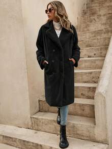 SHEIN Frenchy 秋冬落肩双排扣泰迪熊大衣 - 黑色 - 查看 6