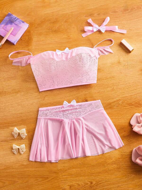 FairyFlirt Conjunto de lencería sexy con volantes, hombros descubiertos y decoración de moño