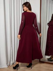 Modelyn Váy lưới kim loại dài tay màu đỏ rượu vang cỡ lớn, thanh lịch - Đỏ - Xem 2