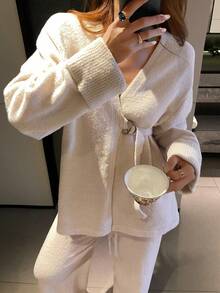DAZY Women's Minimalist Half Fleece Knit Top & Pants Design Cozy Pajama Set, Winter - White - View 1
