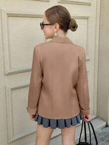 青少年女孩时尚百搭纯色夹克 - 駝色 - 查看 2