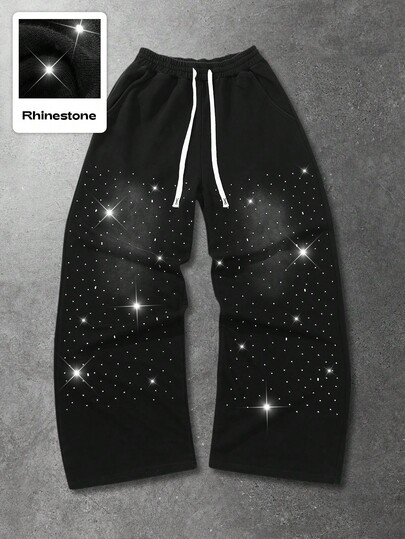 Street Life Pantaloni della tuta da uomo a gamba dritta con effetto strass in stile strada americana