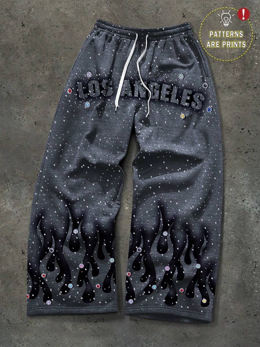 Manfinity Roghcode 男式字母与火焰印花抽绳腰袋阔腿宽松运动裤，Emo，2000 年代风格