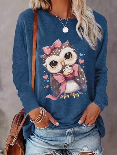 可爱猫头鹰动物印花时尚圆领女式套头 T 恤