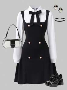 Sparklyn 少女甜美学院风蝴蝶结二合一拼色休闲连衣裙