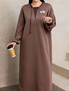 Modelyn 女式休闲抽绳装饰宽松圆领长款运动衫，加大码，棕色，秋冬 - 棕色 - 查看 4