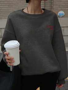 DAZY 女式字母刺绣宽松圆领保暖内衬运动衫 - 深灰色 - 查看 5