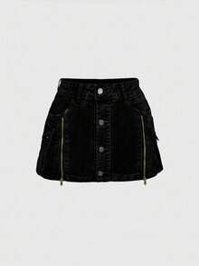 ROMWE Kawaii Chân váy denim mini cạp thấp có khóa kéo cổ điển Y2K - màu đen - Xem 3