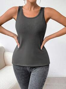 SHEIN LUNE Women's Casual Ribbed Knit Thermal Lined Slim Fit Tank Top, Versatile Solid Color For Daily Commute, Autumn/Winter - Dark Grey - View 3