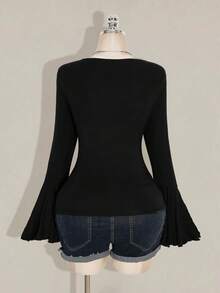 SHEIN ICON 大码女式复古长袖翻领喇叭袖上衣，舒适时尚，适合居家、旅行、秋冬穿着 - 黑色 - 查看 2
