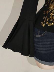 SHEIN ICON 大码女式复古长袖翻领喇叭袖上衣，舒适时尚，适合居家、旅行、秋冬穿着 - 黑色 - 查看 7