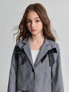 Ontre 青少年女孩灰色蝴蝶结装饰领休闲西装外套和裤子 - 灰色 - 查看 5