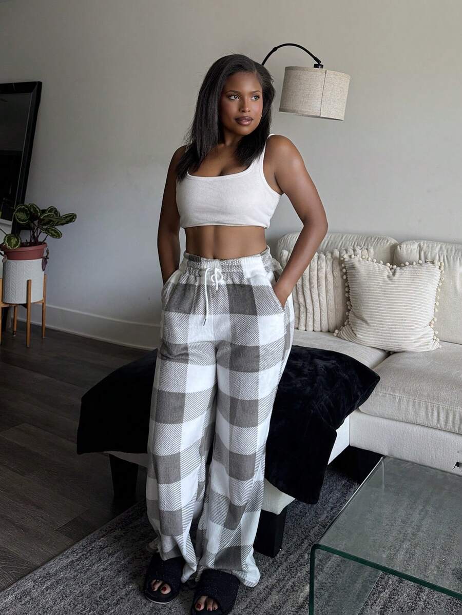 Tyla Gomez 女士秋冬街头服饰复古返校休闲前系带格子口袋羊毛长裤 - 彩色 - 查看 1