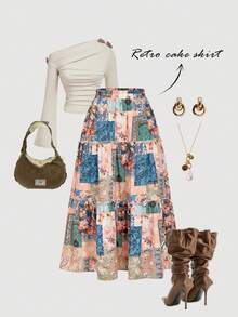 SHEIN MOD 复古拼布佩斯利花纹半身裙，多层裙摆，西部波西米亚风格，70年代复古风，千禧年风格，适合约会、派对、宫廷、节日、生日、舞会等场合，冬季、圣诞节、新年、感恩节等节日穿着。 - 彩色 - 查看 2